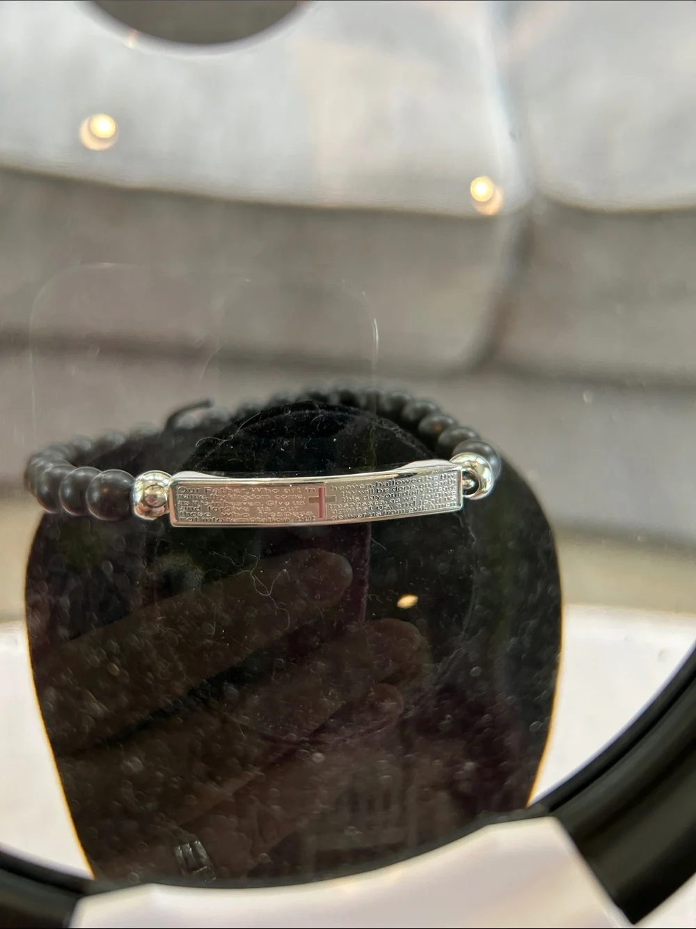 Mens Bracelet w Stainless ID Plate With Engraved “Our Father” Prayer And Cross